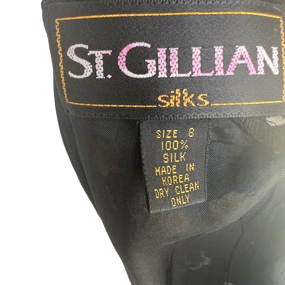 ST. GILLIAN VINTAGE Silk Dress Puff Sleeve V Back Peplum Size 8 Black Floral - Picture 5 of 6